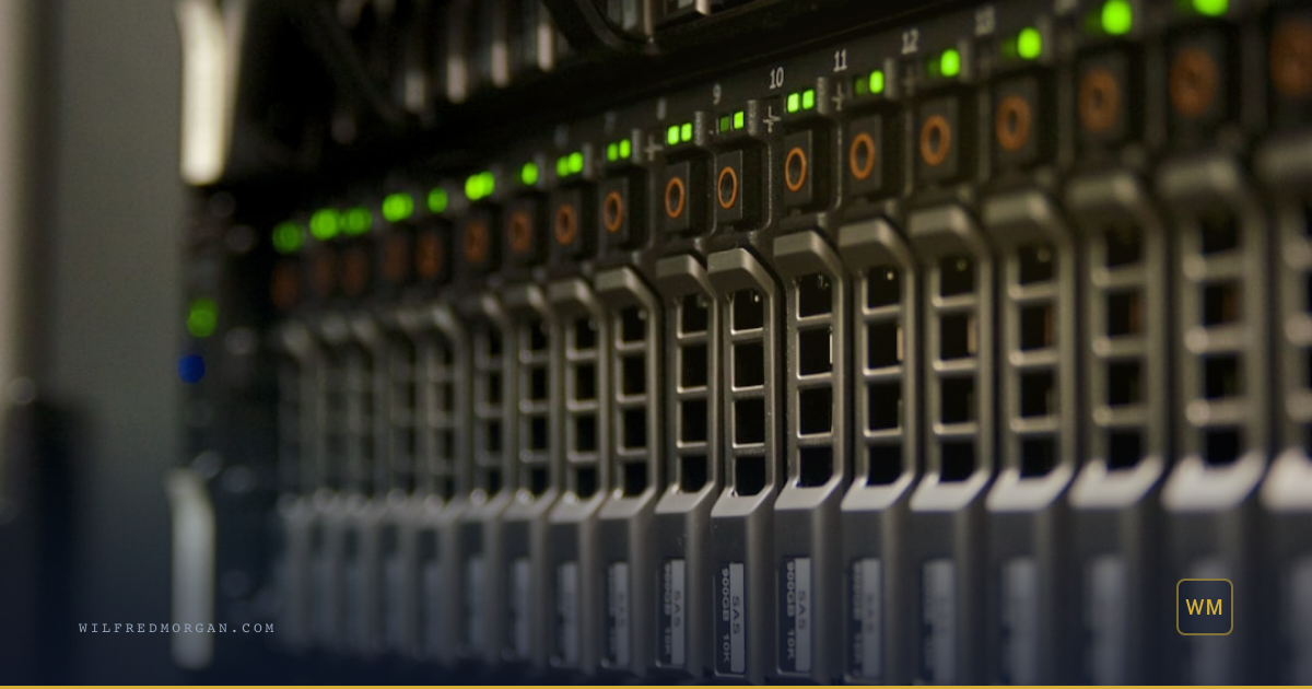Scene: Server racks glowing in a dark data center corridor