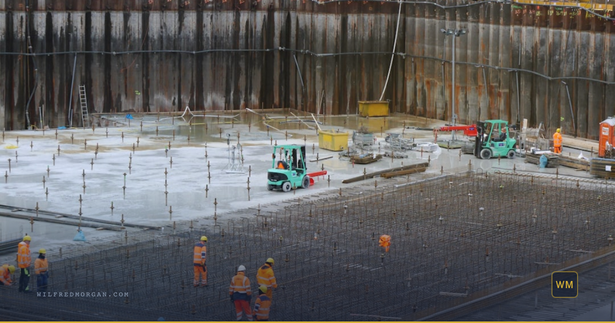 Scene: Steel reinforcement rebar embedded in a dark concrete foundation